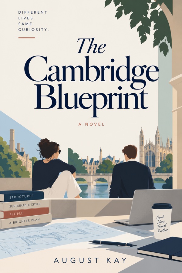 Concept cover for The Cambridge Blueprint — two figures on a terrace above the river, King’s College in the distance, blueprints and a laptop on the table. “Different lives. Same curiosity.”