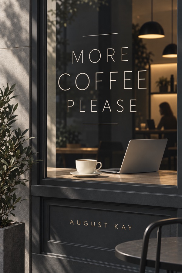 A café window at golden hour — "More Coffee Please" lettered on the glass above a coffee cup and an open laptop, "August Kay" on the panel below.
